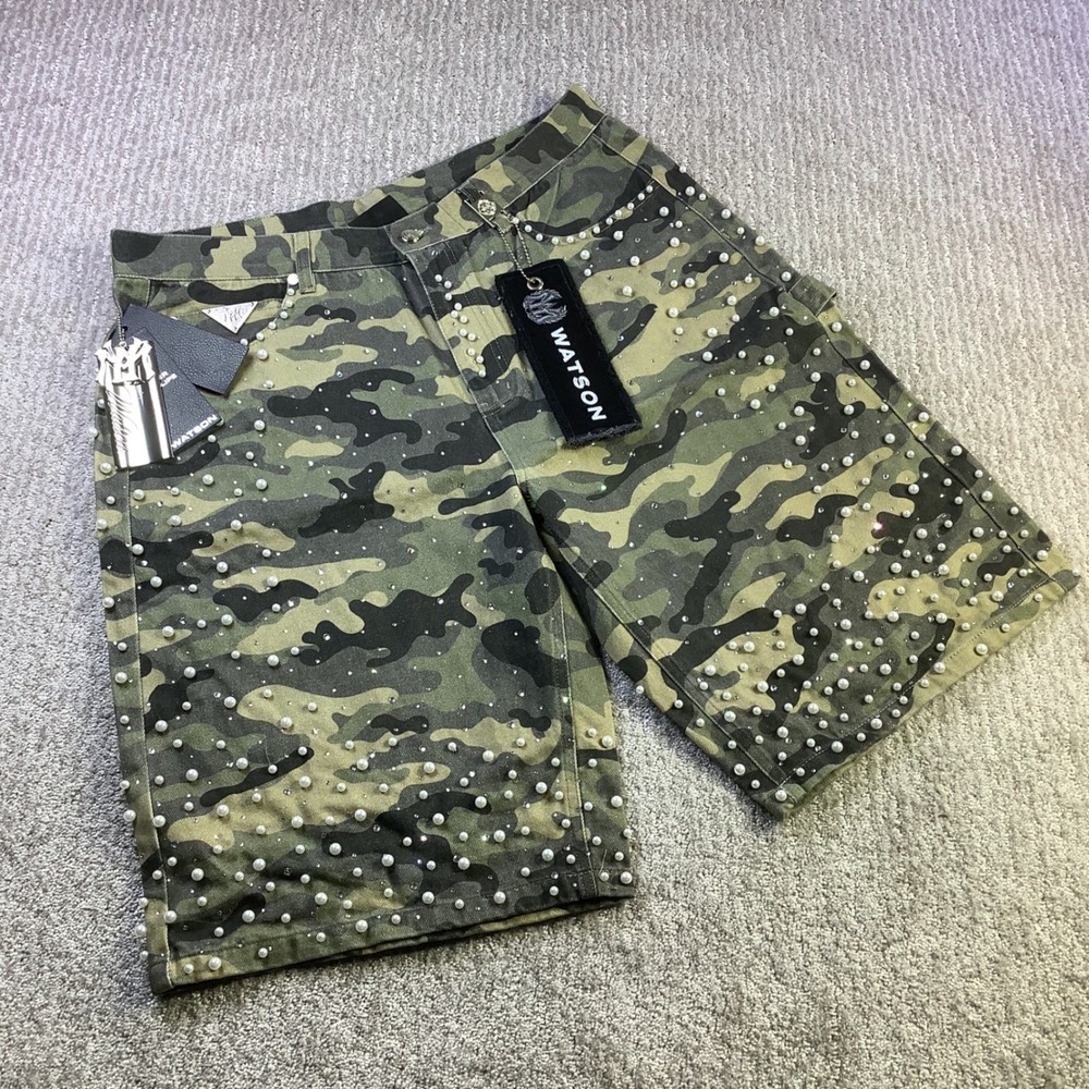 Watson Men Pearl Camo Denim Shorts Green Camouflage Size 36 NWT
